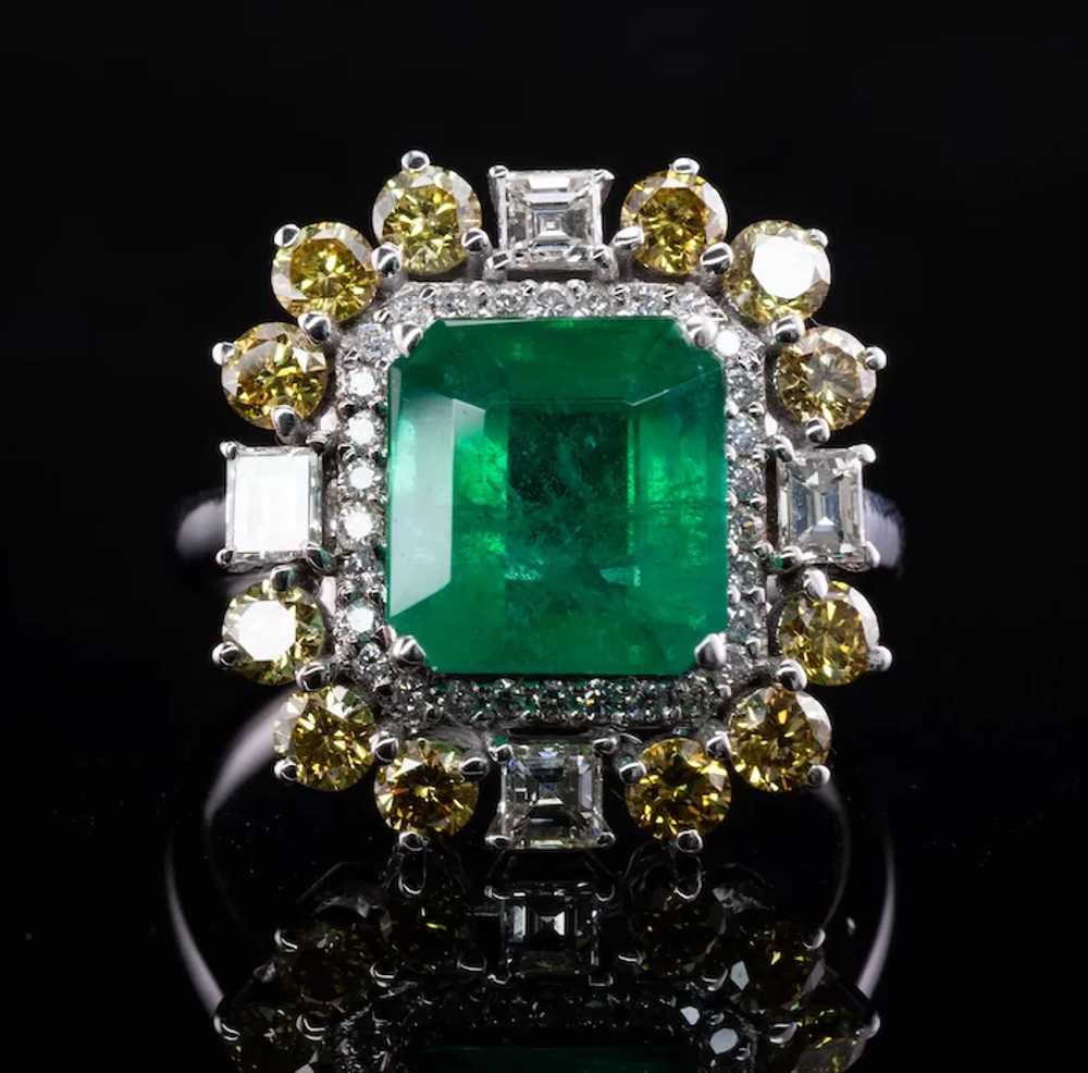 Zambian Emerald Ring White & Canary Diamonds  18K… - image 8
