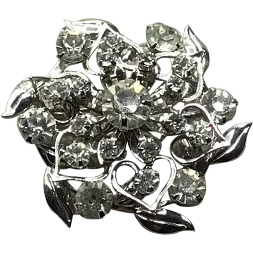 Silver Tone Clear Crystal Brooch - image 1