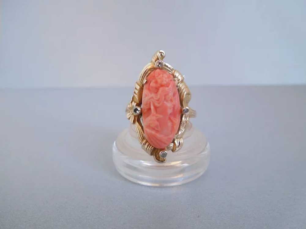 Antique Natural Carved Coral And Diamond Ring 10k Gem