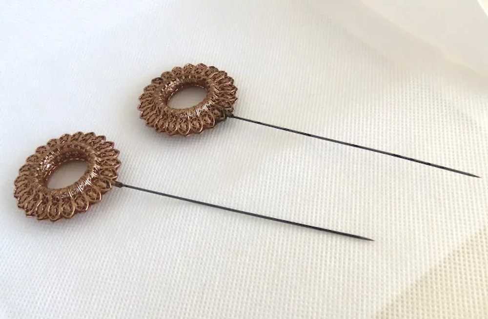 Pair of Filigree Round Hat Pins 19th Century - image 4