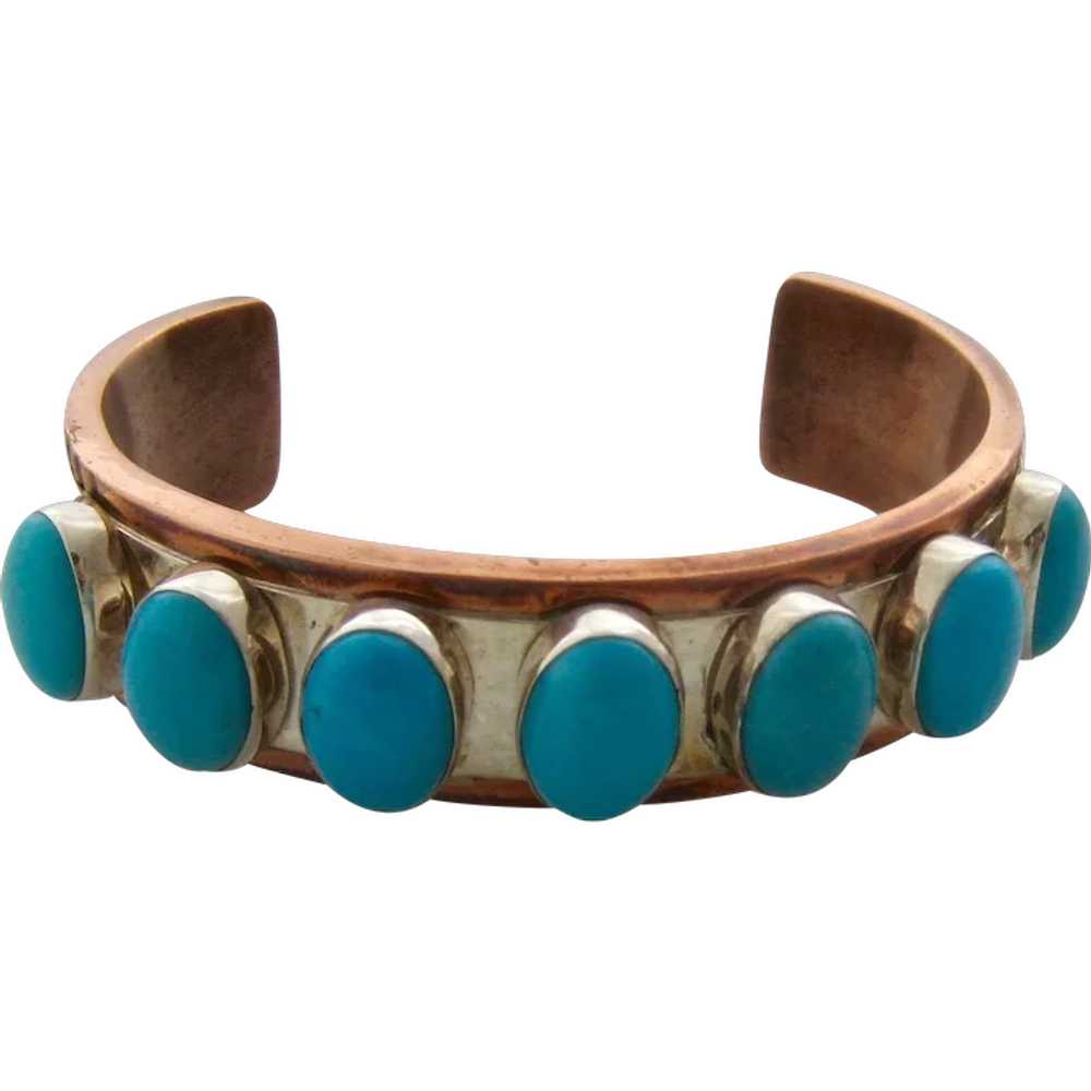 Big Copper Sterling Turquoise Cuff Desert Rose Tr… - image 1