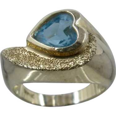 14K Heart Shape Blue Topaz Ring Thick Yellow Gold… - image 1