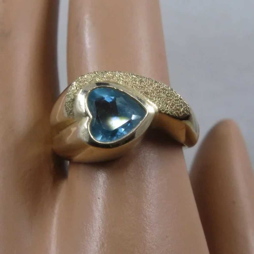 14K Heart Shape Blue Topaz Ring Thick Yellow Gold… - image 9