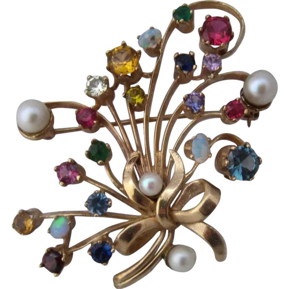 Spectacular 14K Multi Gemstones Bouquet Pin Ca 19… - image 1