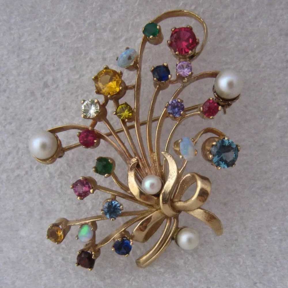 Spectacular 14K Multi Gemstones Bouquet Pin Ca 19… - image 2