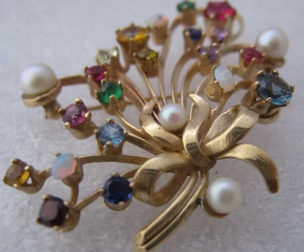 Spectacular 14K Multi Gemstones Bouquet Pin Ca 19… - image 7