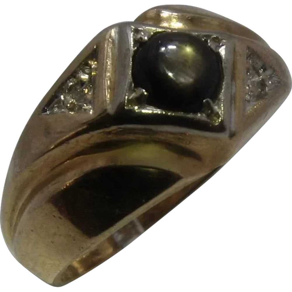 14K Black Star Sapphire Diamond Mens Ring Sz 9 1/4 - image 1