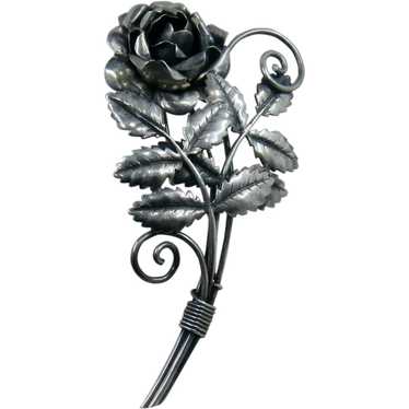 Big Sterling Silver Dimensional Rose Stems Leaves… - image 1