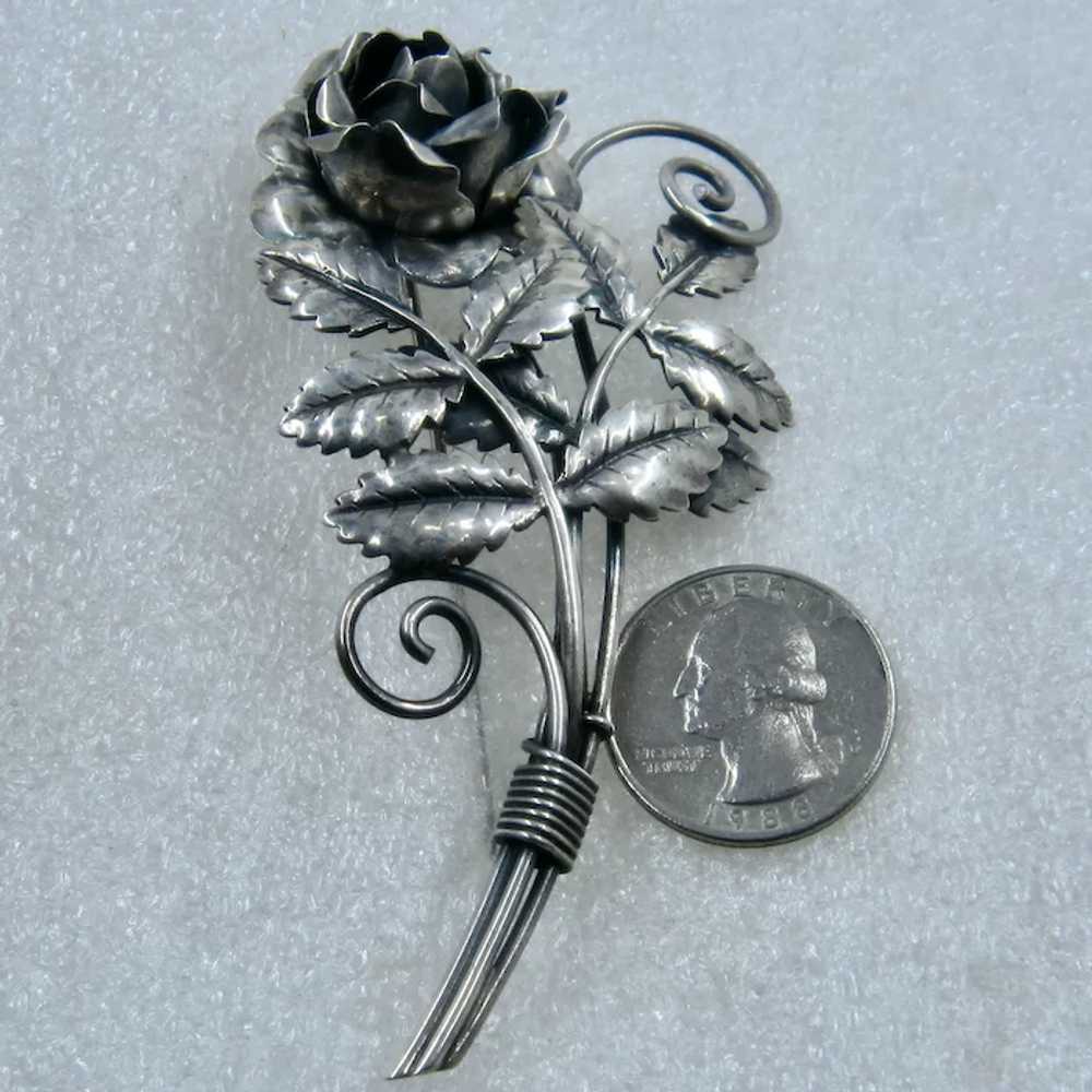 Big Sterling Silver Dimensional Rose Stems Leaves… - image 2