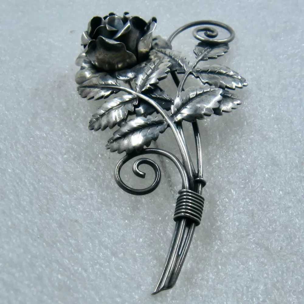 Big Sterling Silver Dimensional Rose Stems Leaves… - image 3