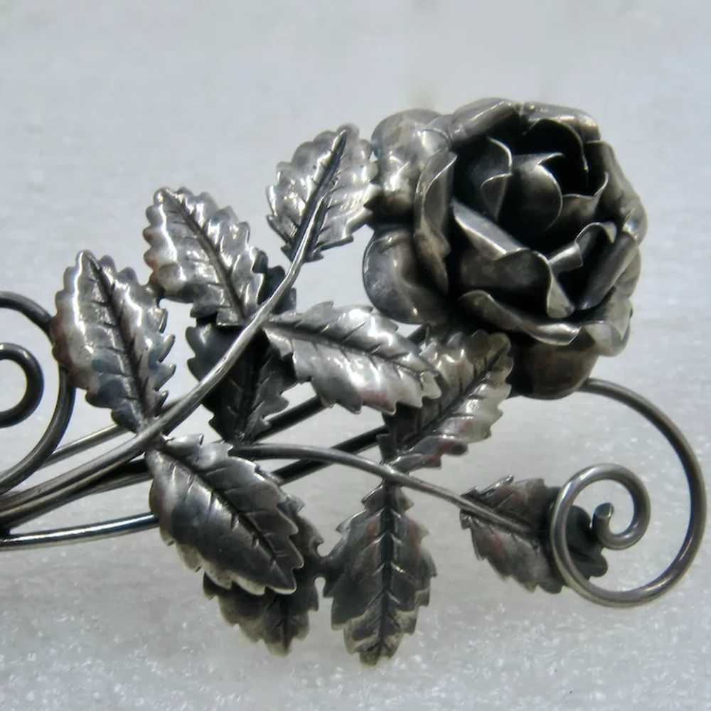 Big Sterling Silver Dimensional Rose Stems Leaves… - image 5