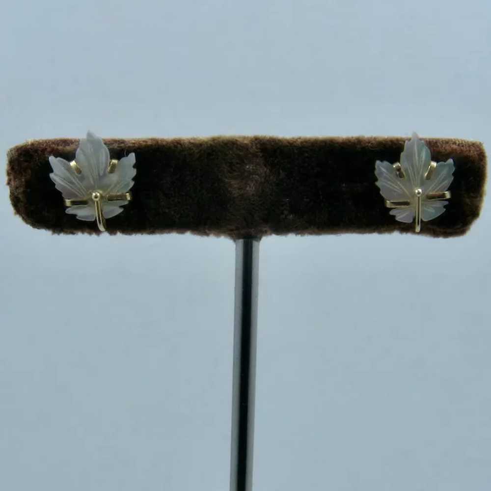 14K Mother of Pearl (MOP) Maple Leaf Earrings - image 2