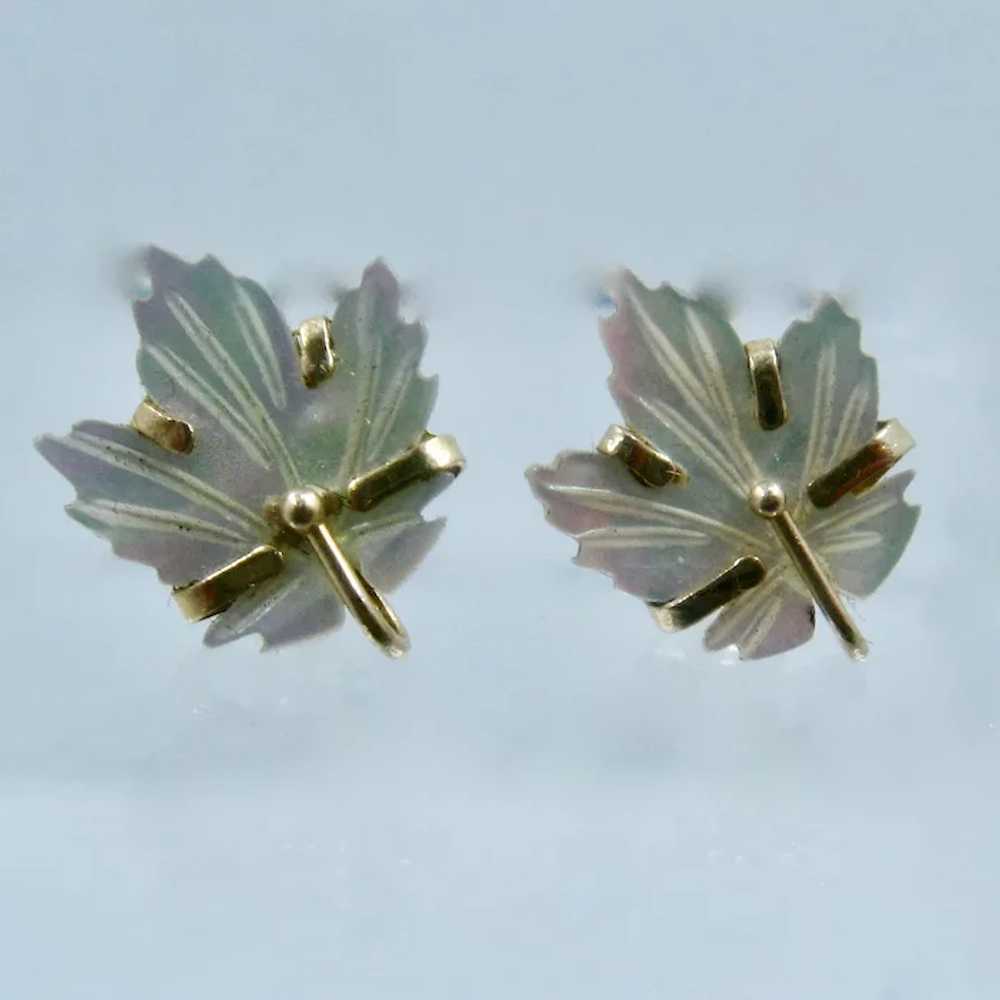 14K Mother of Pearl (MOP) Maple Leaf Earrings - image 3