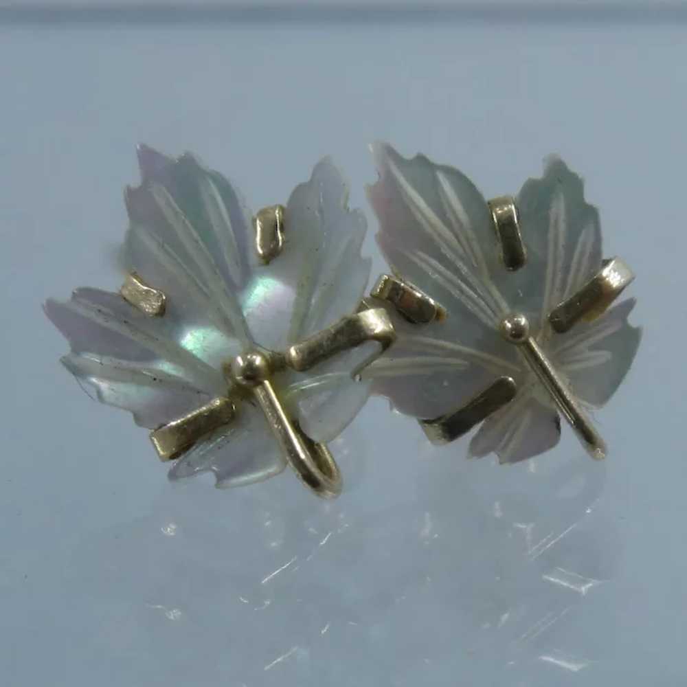 14K Mother of Pearl (MOP) Maple Leaf Earrings - image 4