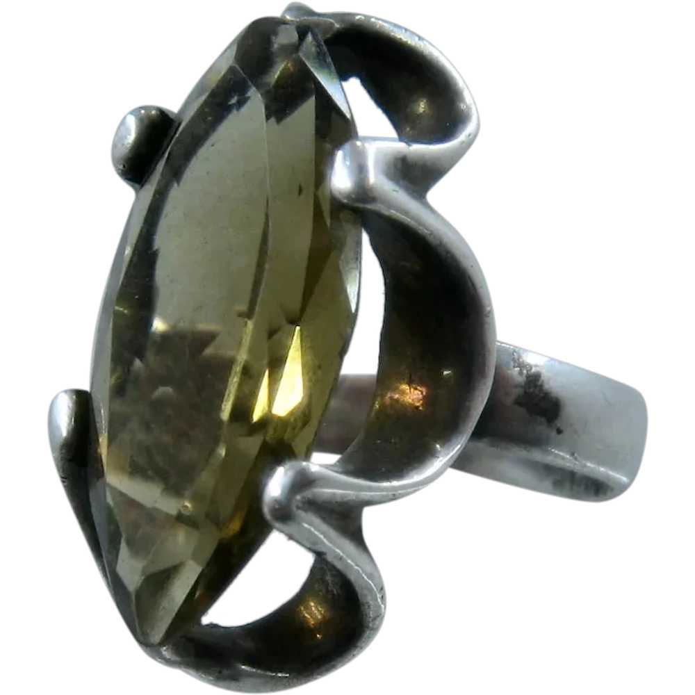 Modernist Mexican Sterling Ring Marquise Smoky Qu… - image 1