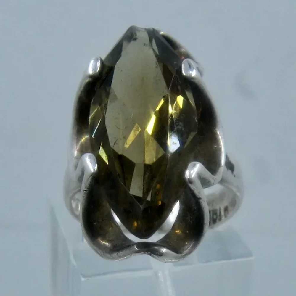 Modernist Mexican Sterling Ring Marquise Smoky Qu… - image 2