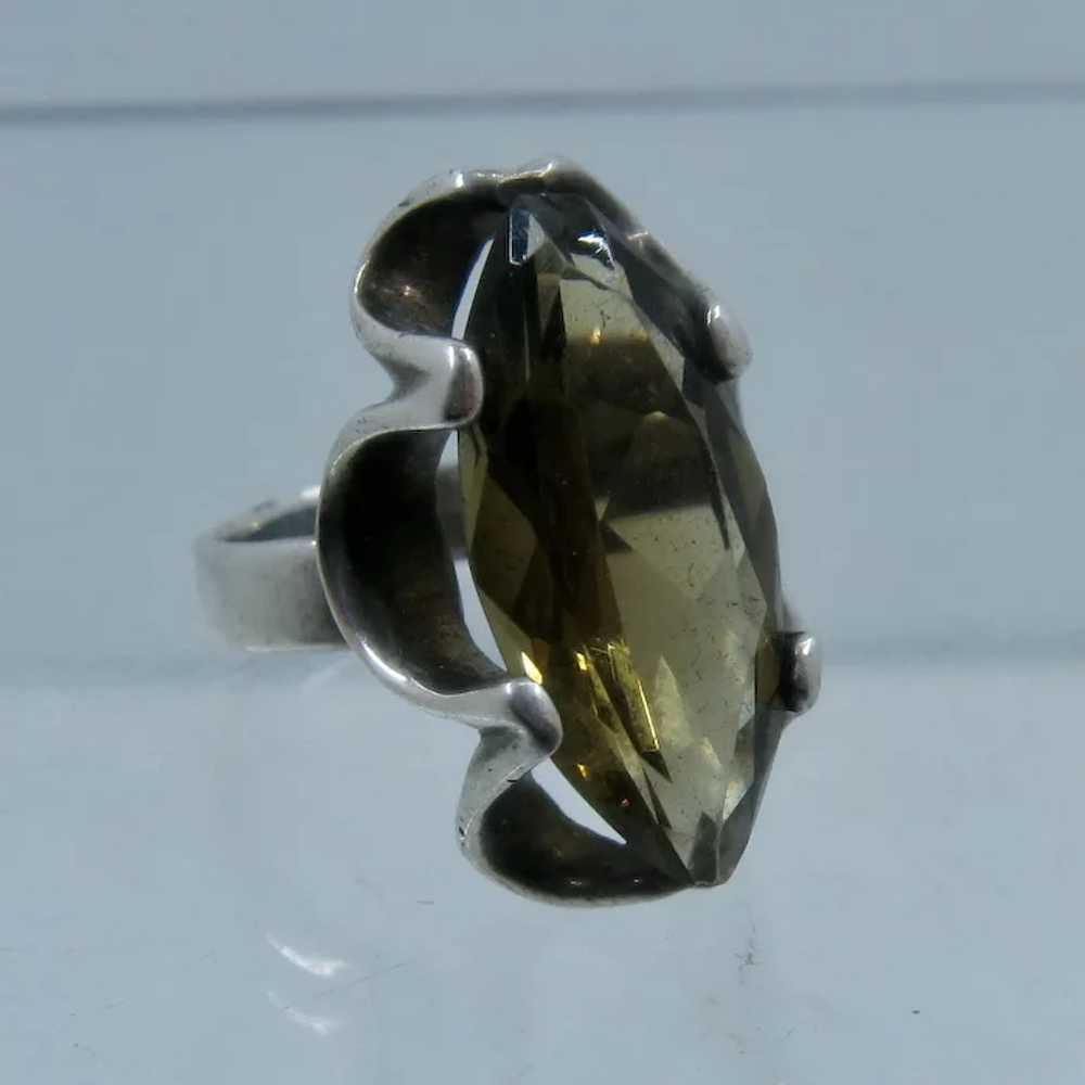 Modernist Mexican Sterling Ring Marquise Smoky Qu… - image 3