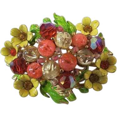 Vintage selini Brooch enamel and stones floral des