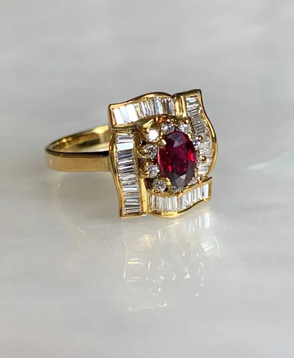 18K Yellow Gold Oval Ruby Diamond Ring - image 2