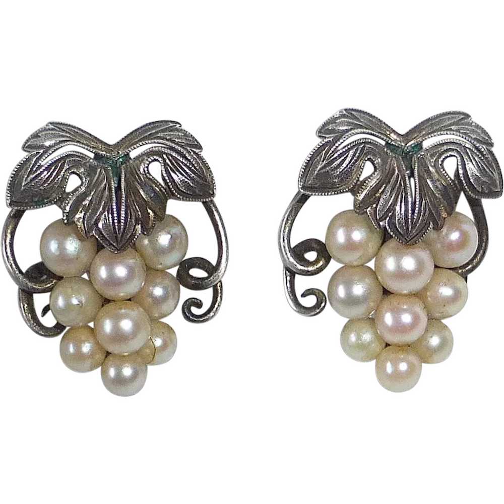 Sterling & Cultured Pearl Grapes Motif Earrings - image 1