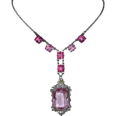 Art Deco Silver Tone Necklace~Pink Glass Jewels