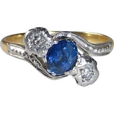 Art Deco 18k Genuine Sapphire &amp; Diamond Ring