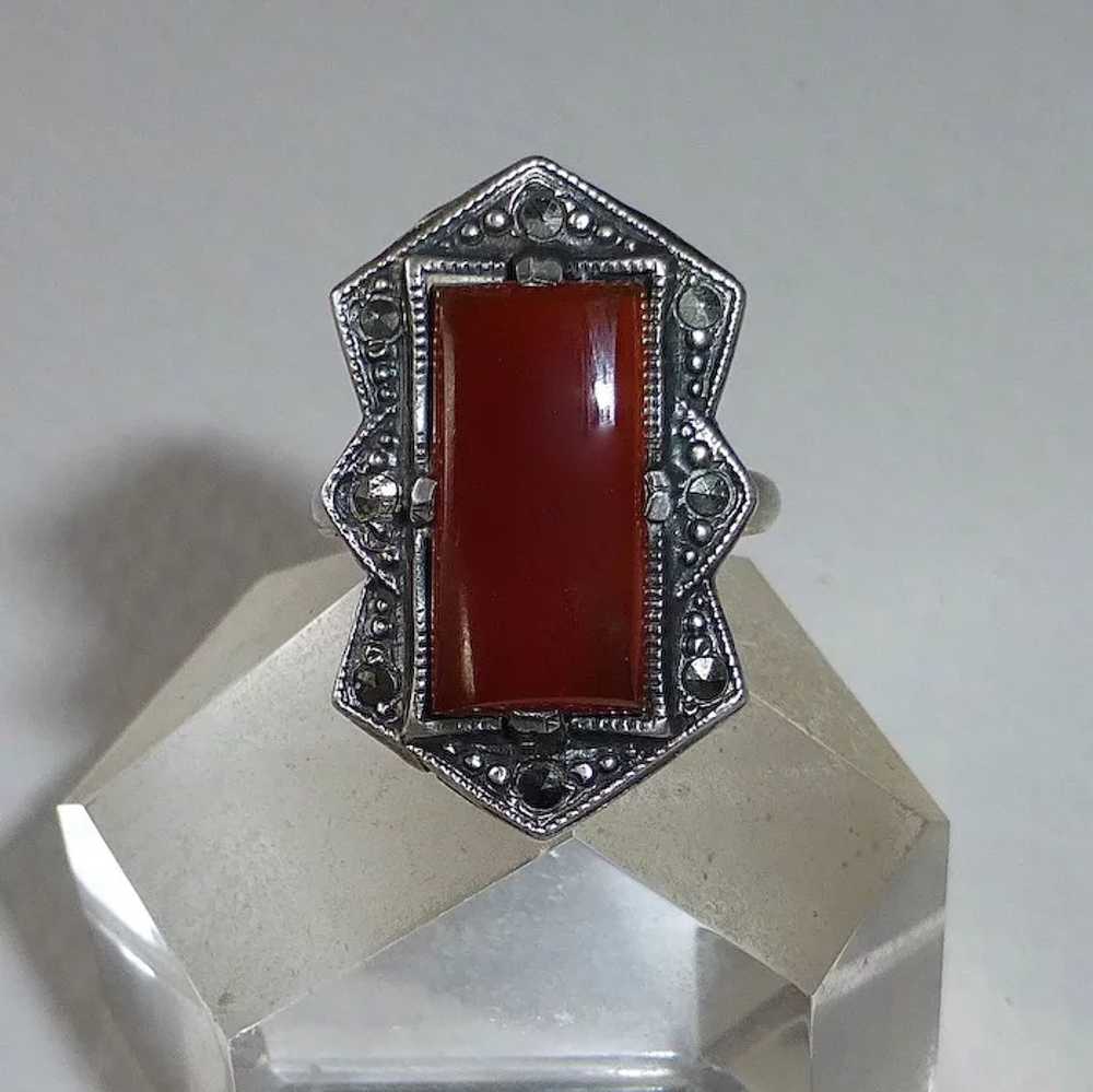 Art Deco Sterling Marcasite Carnelian Ring - image 3