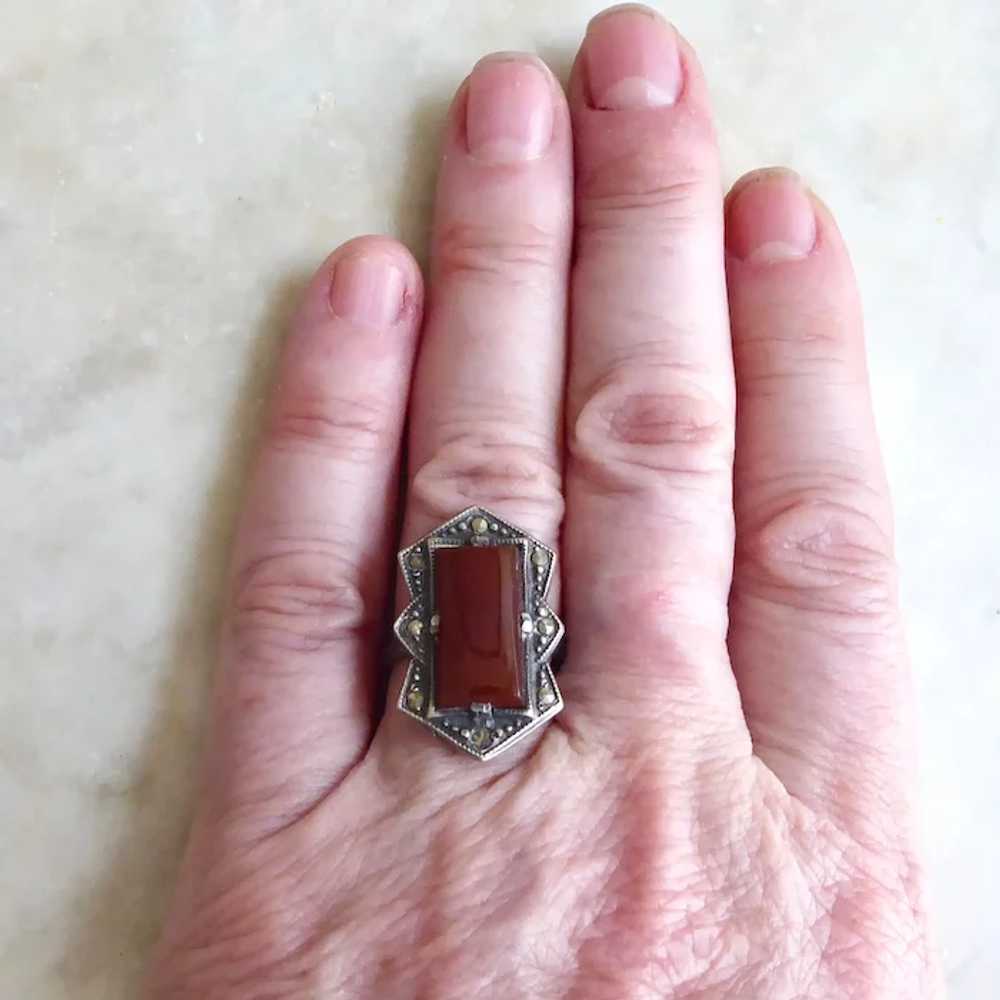 Art Deco Sterling Marcasite Carnelian Ring - image 9