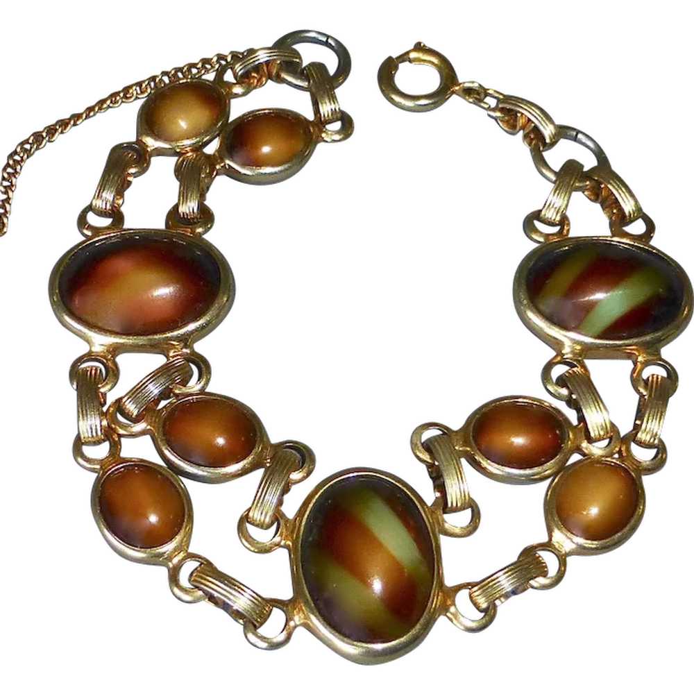Gold Tone Art Glass Cabochon Bracelet in Autumn C… - image 1
