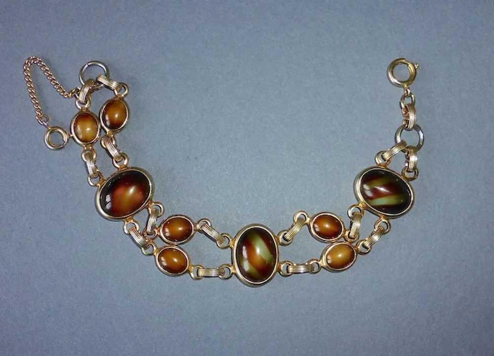 Gold Tone Art Glass Cabochon Bracelet in Autumn C… - image 3