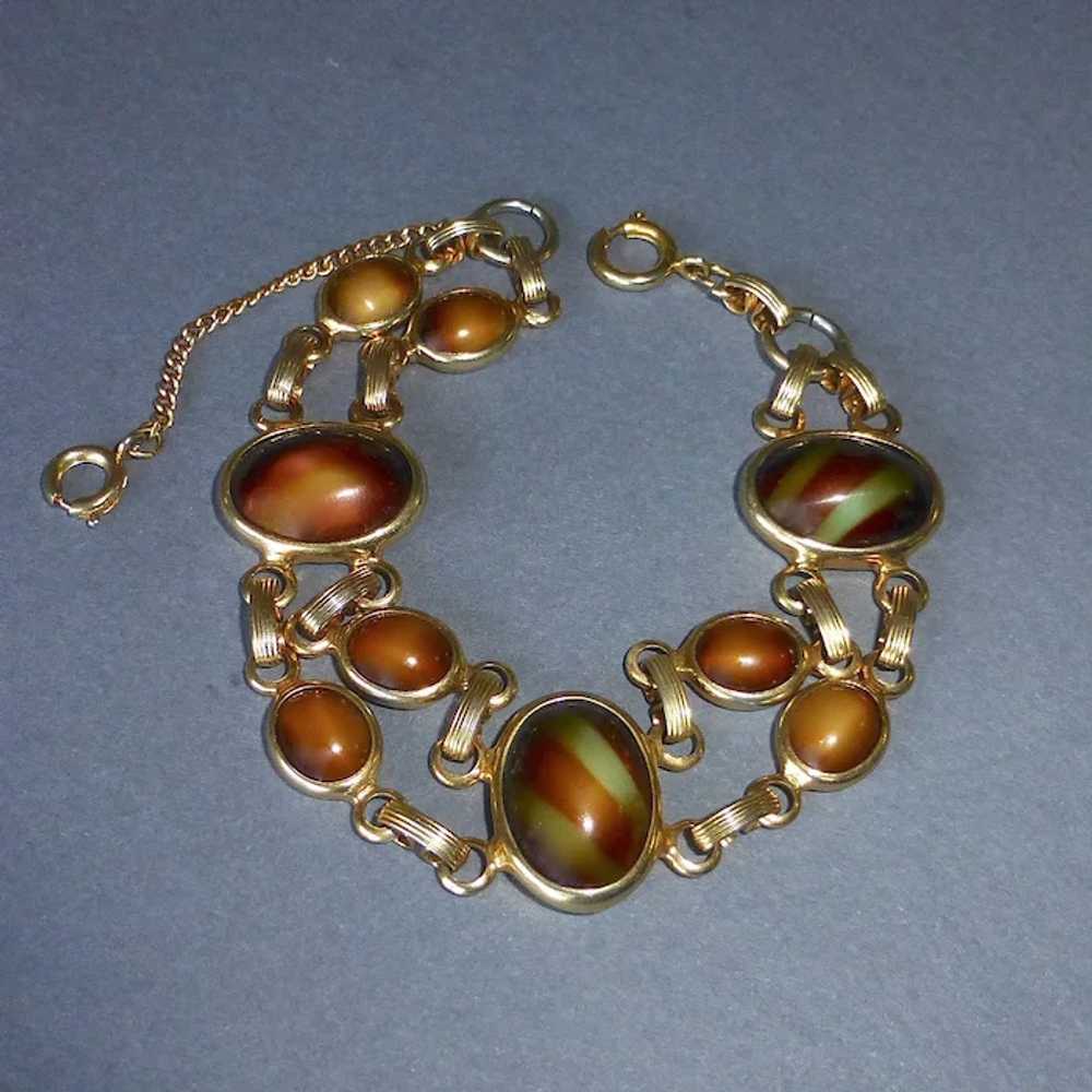 Gold Tone Art Glass Cabochon Bracelet in Autumn C… - image 9
