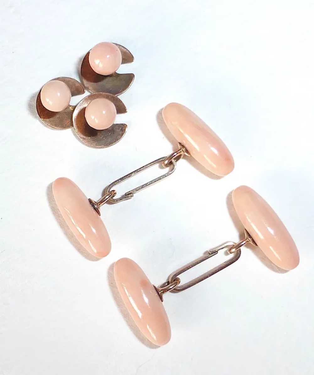 Antique Angelskin Coral & 10k Rose Gold Cufflink … - image 5