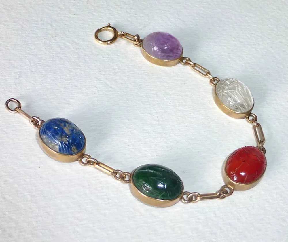 Egyptian Revival Gold Filled Stone Scarab Bracelet - image 3