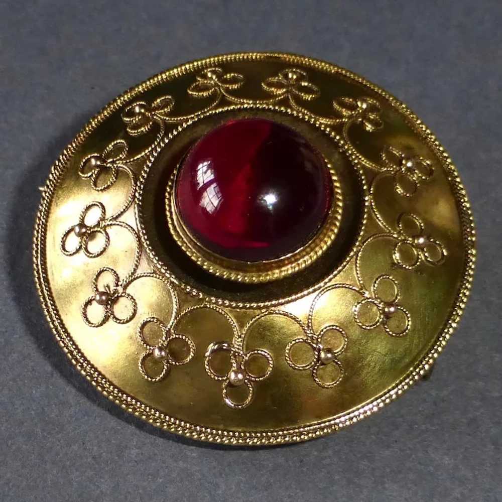 14k Victorian Etruscan Style Mourning Brooch Garnet d… - Gem