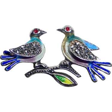 Alice Caviness Enameled Sterling Blue Birds Pin w… - image 1
