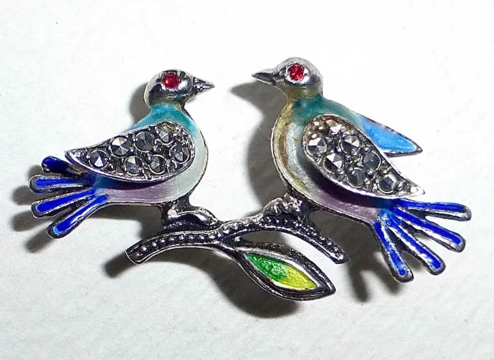 Alice Caviness Enameled Sterling Blue Birds Pin w… - image 2