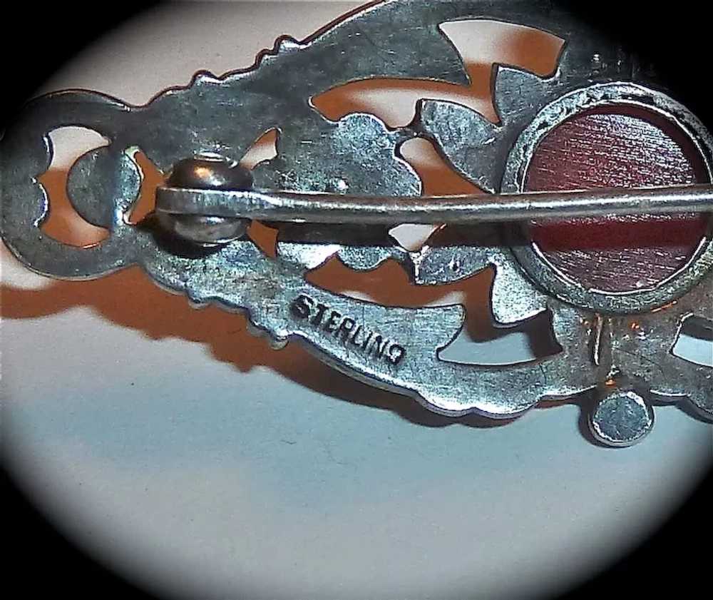 Art Deco Sterling Marcasite Carnelian Pin c1930s - image 7
