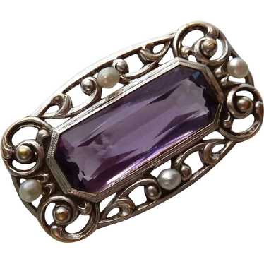 Antique 14k Amethyst & Seed Pearl Pin c1915 - image 1