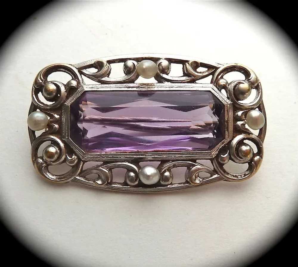Antique 14k Amethyst & Seed Pearl Pin c1915 - image 2