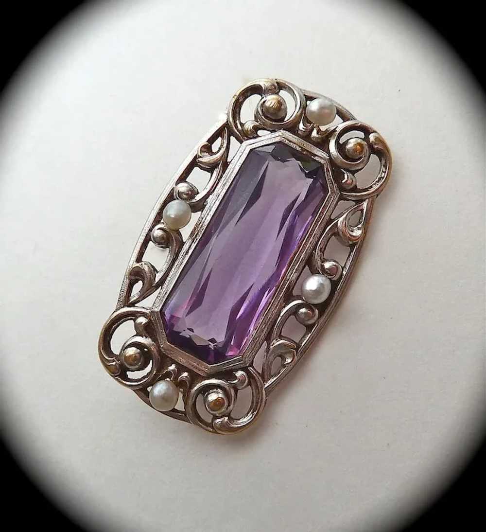 Antique 14k Amethyst & Seed Pearl Pin c1915 - image 3