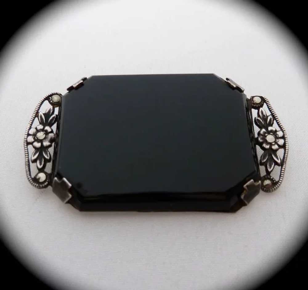 Art Deco Sterling Onyx Marcasite Pin - image 2