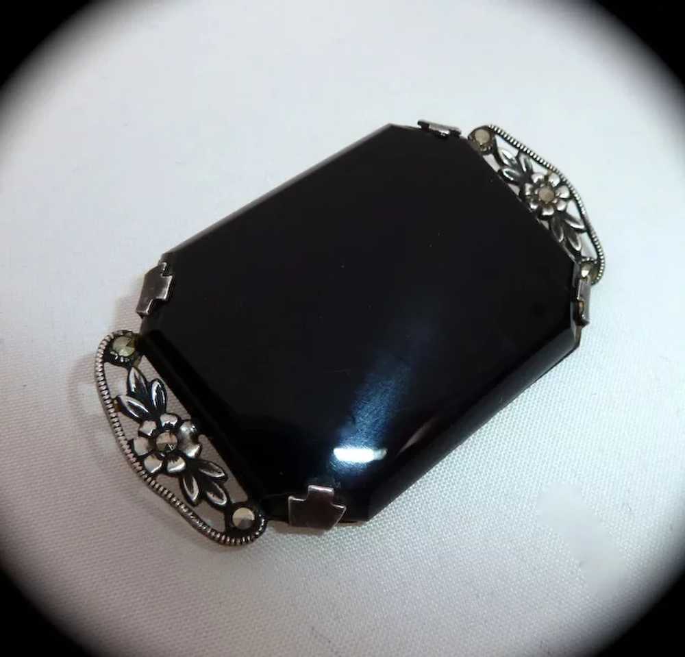 Art Deco Sterling Onyx Marcasite Pin - image 3