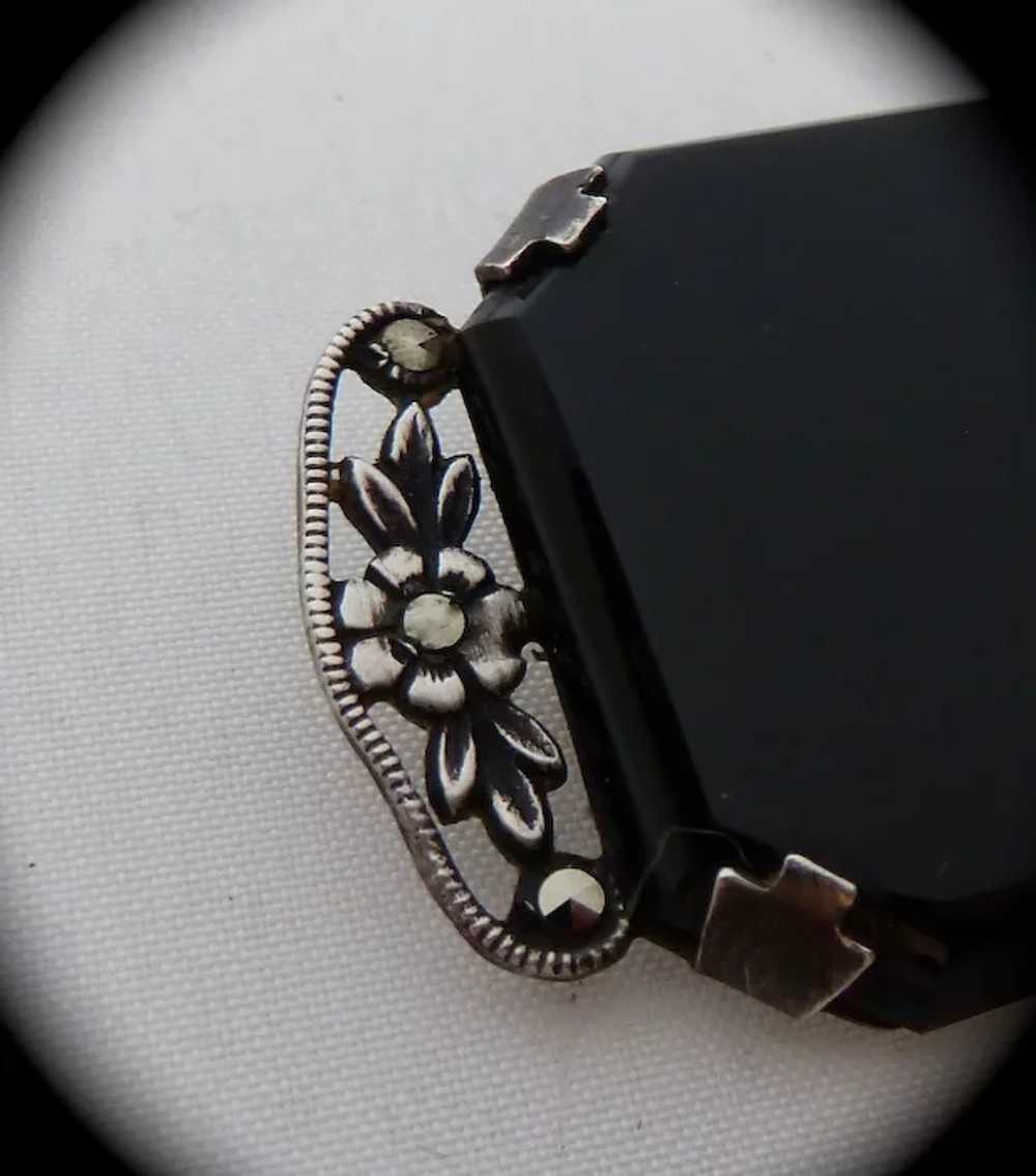 Art Deco Sterling Onyx Marcasite Pin - image 4