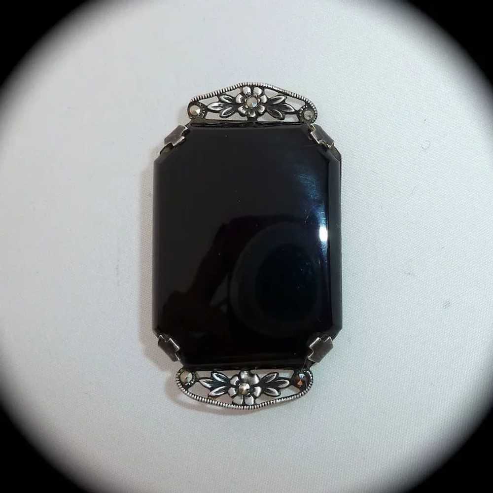 Art Deco Sterling Onyx Marcasite Pin - image 5