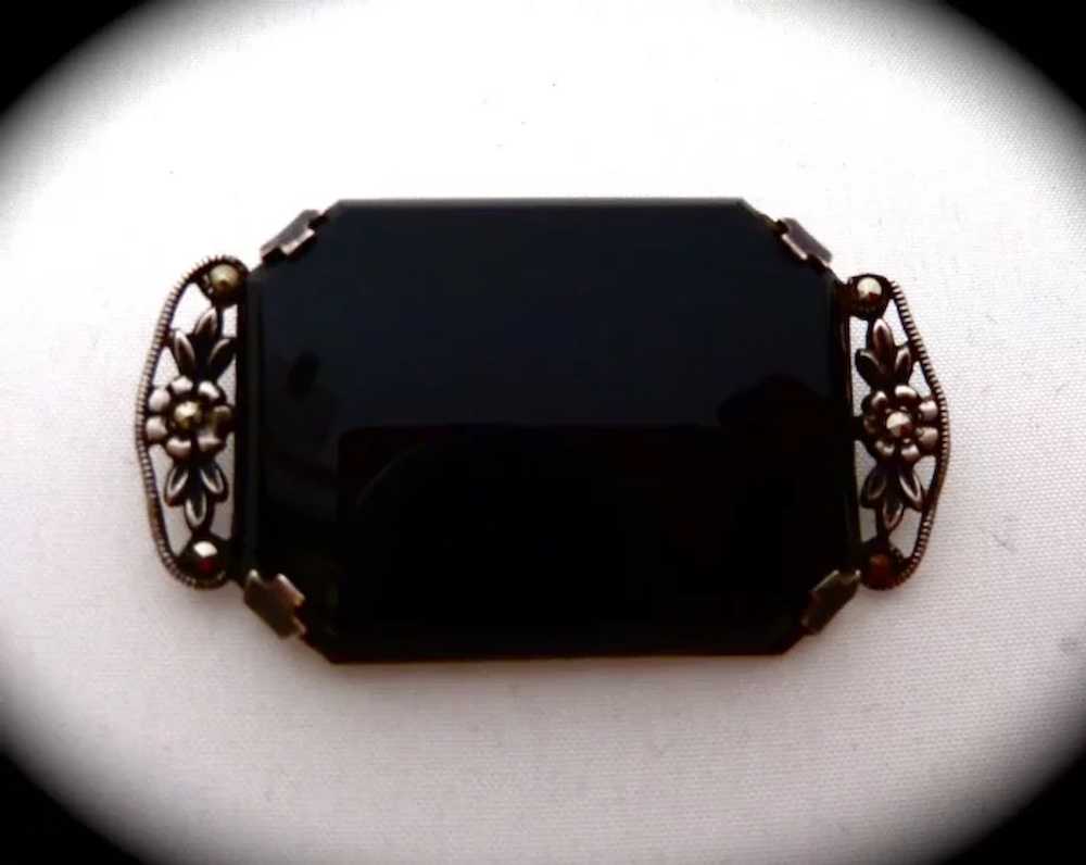 Art Deco Sterling Onyx Marcasite Pin - image 8