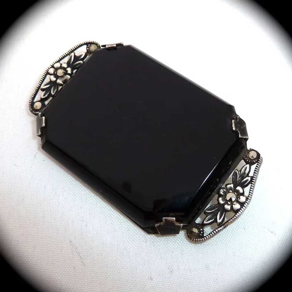 Art Deco Sterling Onyx Marcasite Pin - image 9