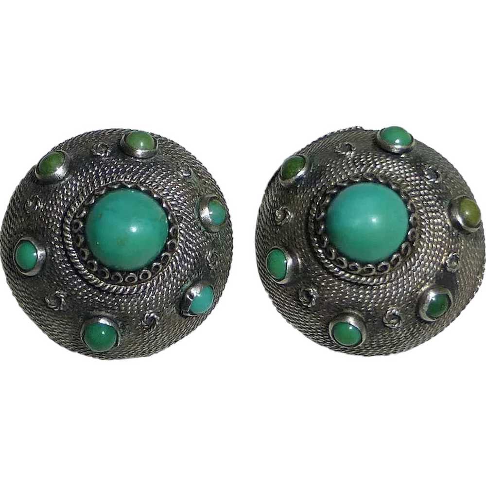 Turquoise & 800 Silver Domed Clip Earrings - image 1