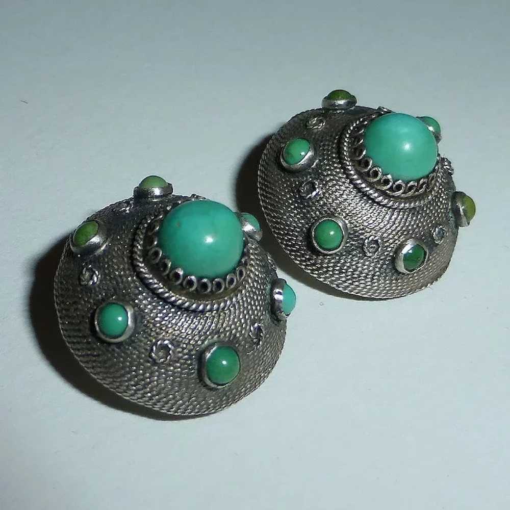 Turquoise & 800 Silver Domed Clip Earrings - image 2