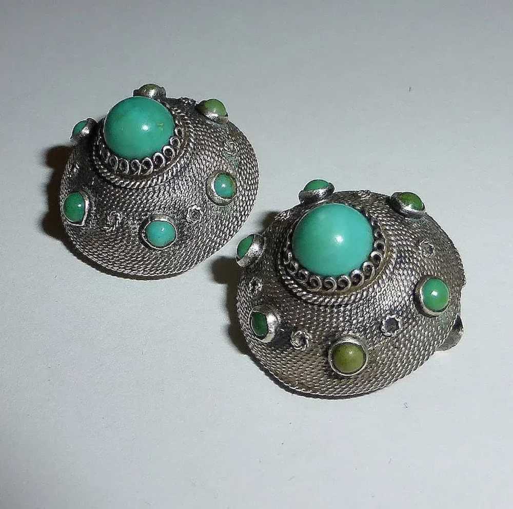 Turquoise & 800 Silver Domed Clip Earrings - image 3