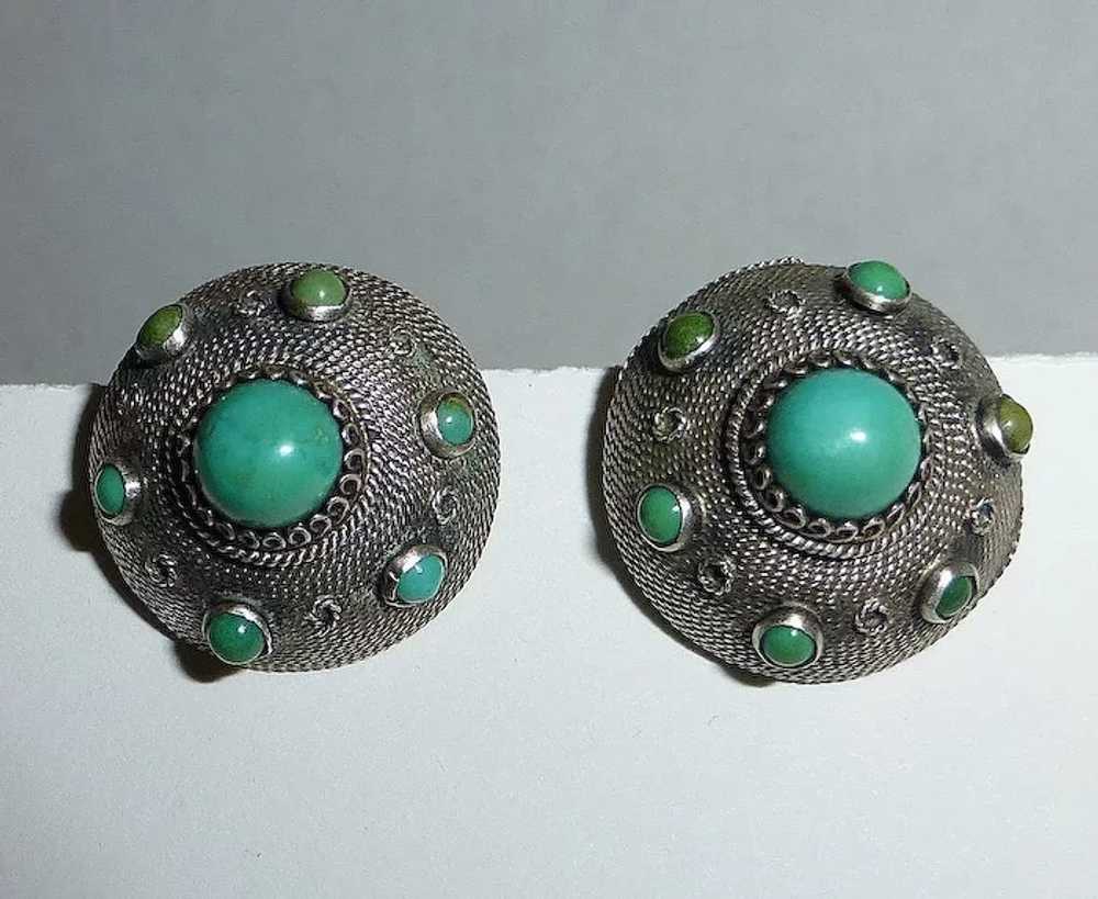 Turquoise & 800 Silver Domed Clip Earrings - image 4